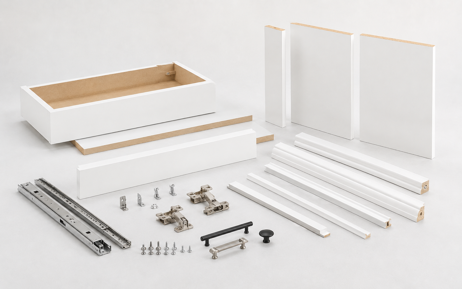 Cabinet accessories including toe kicks, fillers, panels, trim, hinges, drawer slides, and hardware