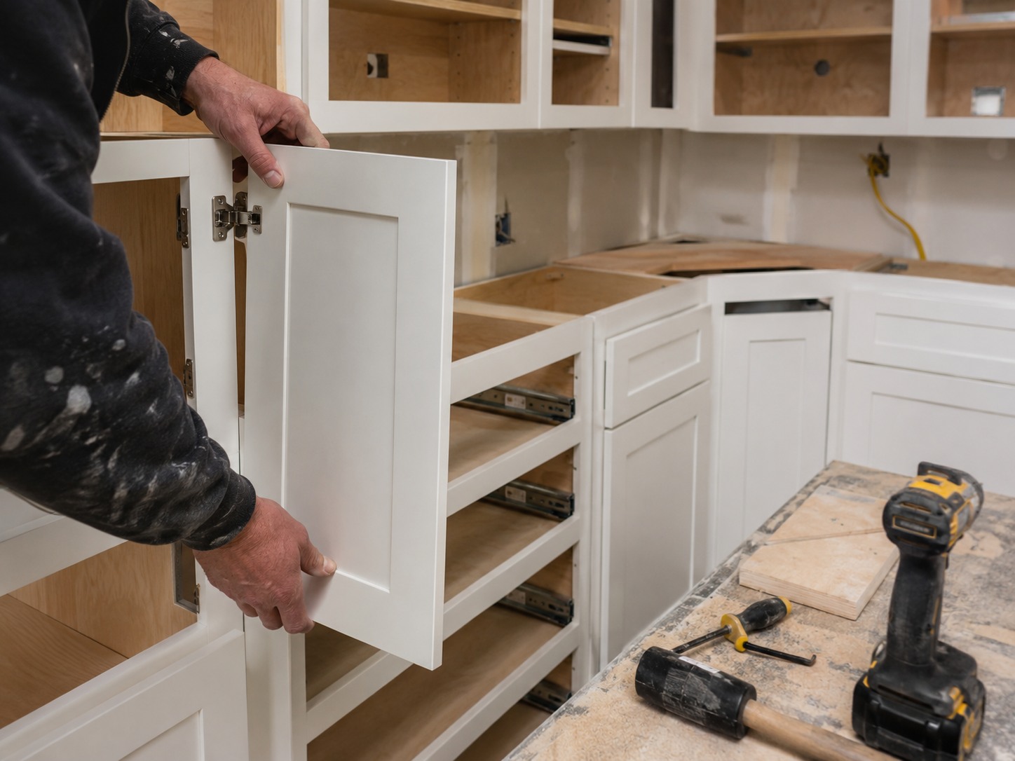 Cabinet assembly and hardware installation detail with white shaker cabinet door and tools