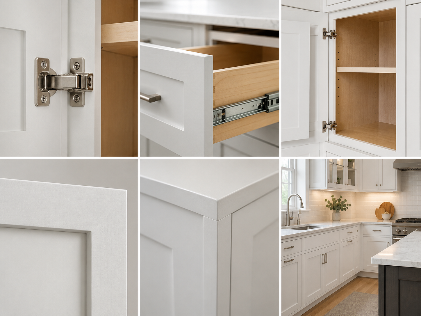 Cabinet construction details collage with hinges, drawer slides, interiors, door finish, and installed kitchen reference