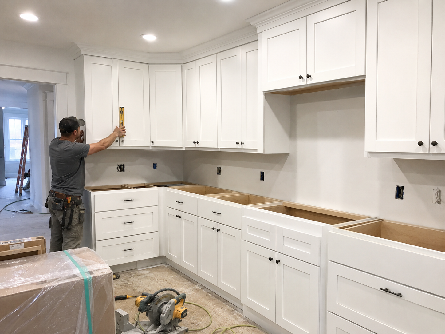 Kitchen remodel project with white shaker cabinets installed on an active jobsite