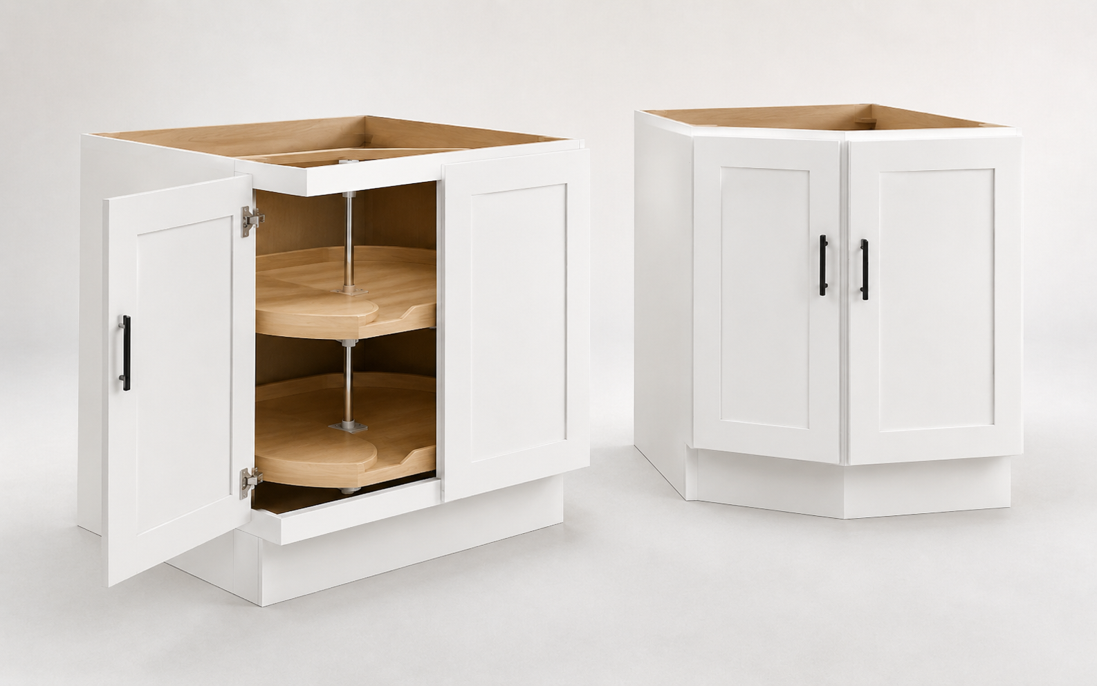 White shaker lazy Susan corner cabinet with rotating storage shelves