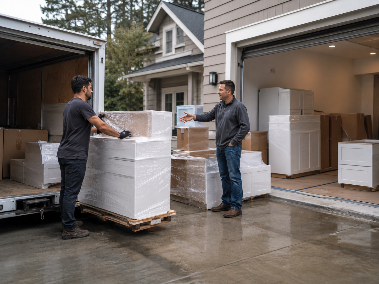 Local pickup cabinet order with wrapped white shaker cabinet packages ready for handoff
