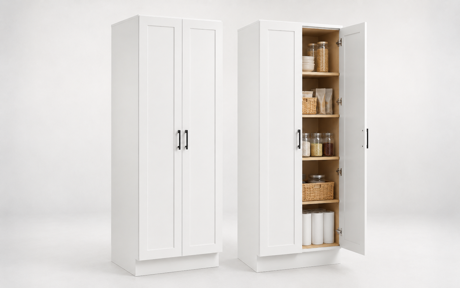 Tall white shaker pantry cabinets and utility storage cabinets