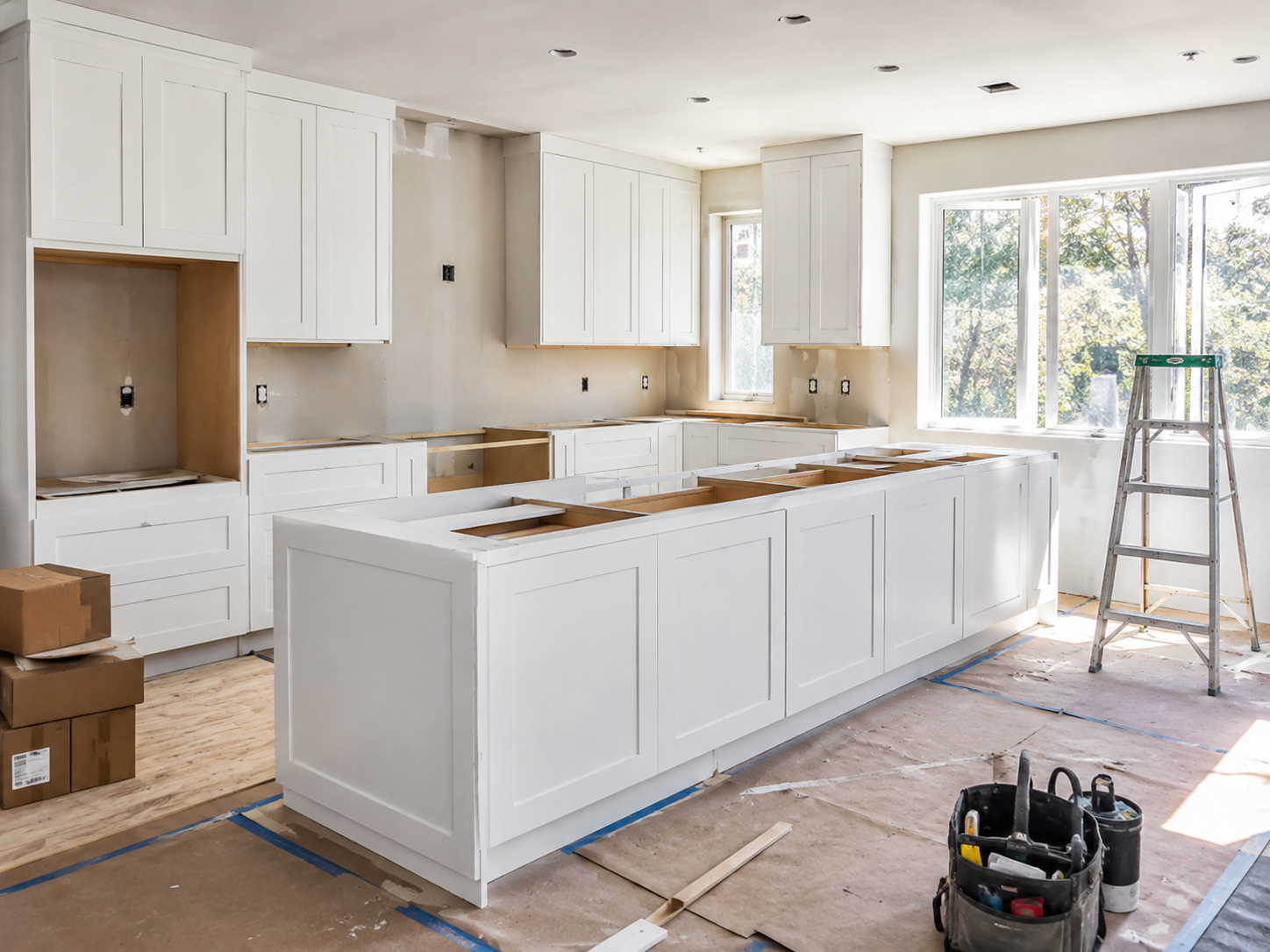 White shaker kitchen cabinet installation with bright modern kitchen design